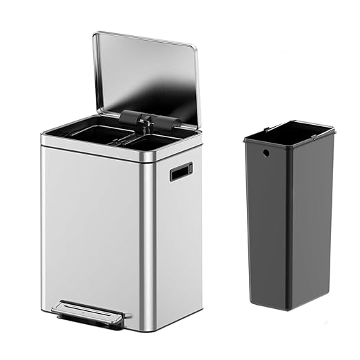 Takywep 2x10.6 Gallon Stainless Steel Trash Can with Soft-Close Lid & Foot Pedal, Rectangular Recycling Bin with 2 Removable Buckets for Kitchen, Office, Home Waste Separation