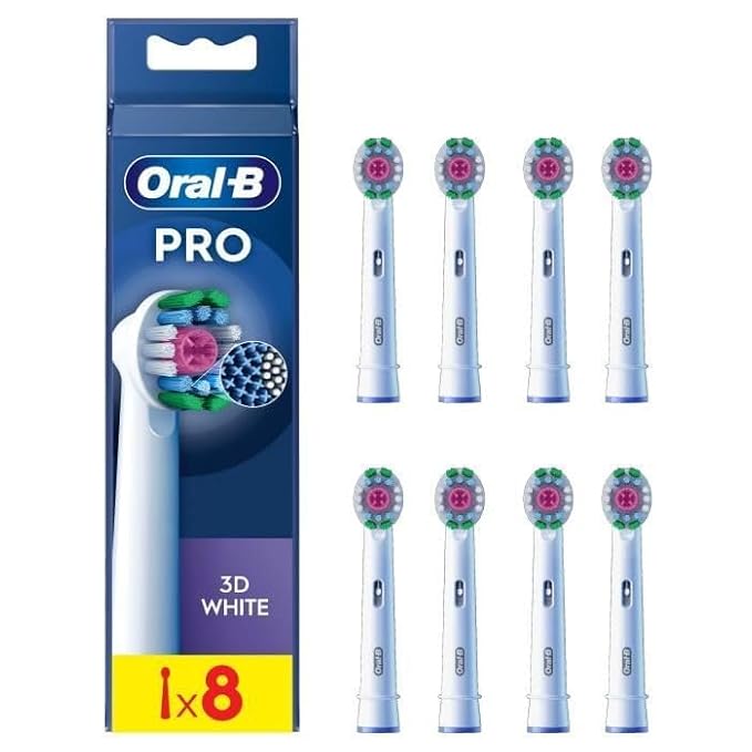 Oral-B Pro 3D White Electric Toothbrush Head, X-Shaped Bristles and Unique Polishing Cup for Teeth Whitening and to Remove Surface Stains, Pack of 8 Toothbrush Heads, White