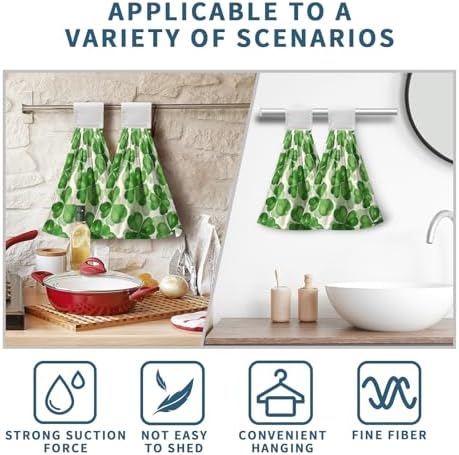 St Patricks Day Clover Hanging Kitchen Towel Green Lucky Shamrocks Hand Towels with Loop Set of 2 Tea Bar Dish Cloths Soft Absorbent Durable Tie Towel for Bathroom Decor 12 x 17 in