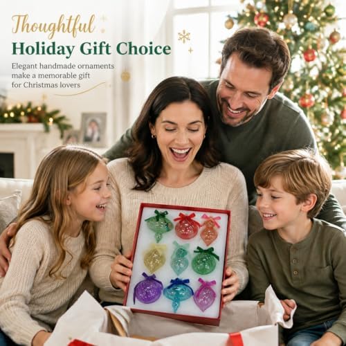 Hungdao 9 Pcs Vintage Colorful Glass Christmas Ornament with Bows, Rainbow