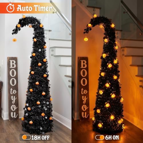 Brizled Prelit Black Halloween Tree, 5 ft Fall Tree with LED Pumpkin Lights