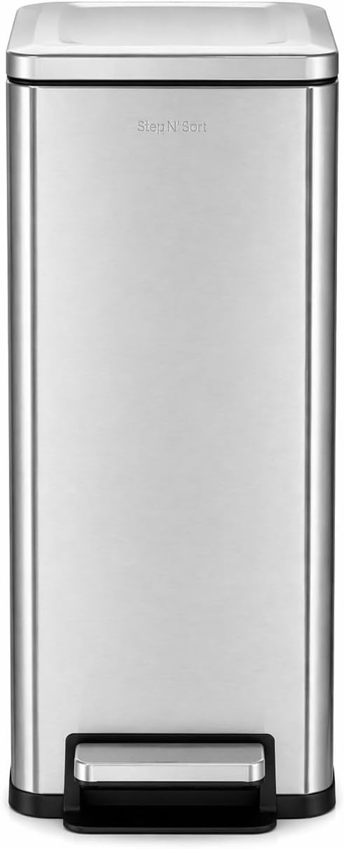 Step N’ Sort Slim Dual Recycling Bin 43L (2 x 21.5L) – Soft Close Kitchen Trash Can – Space Saving Stainless Steel – Removable Buckets