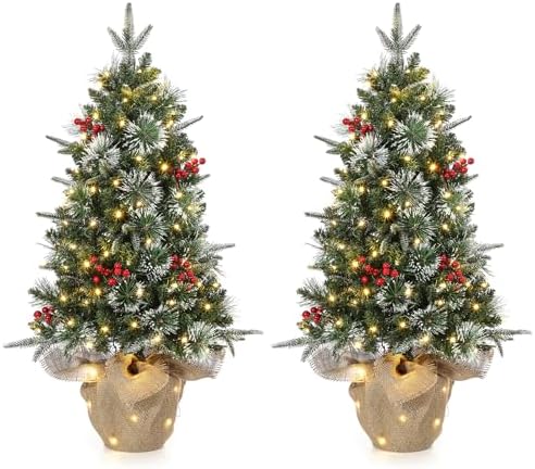 GarveeHome 3 ft Pre-Lit Artificial Mini Christmas Tree, Table Top Christmas Tree with 85 Warm White Led Lights, Cloth Bag Base, Battery Operated Outdoor Xmas Decor for Tabletop or Desk,2 Pack