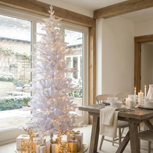 Glitzhome 7.5ft Prelit Artificial Christmas Tree, Slim White Frostfall Fir Xmas Tree with 360 Warm White & Multi-Color Lights, 1,486 Branch Tips, Flocked Christmas Tree for Indoor Holiday Spaces