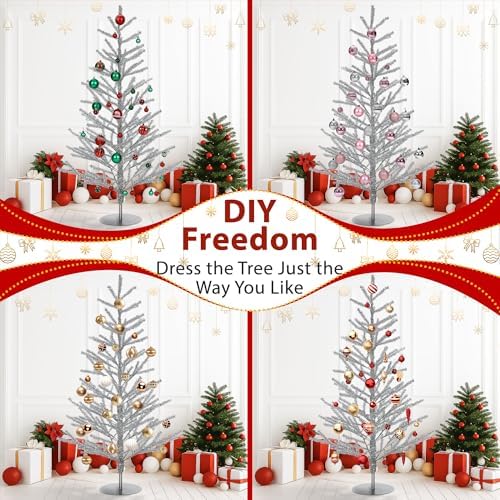 4ft Silver Tinsel Christmas Tree, Retro Aluminum Christmas Tree
