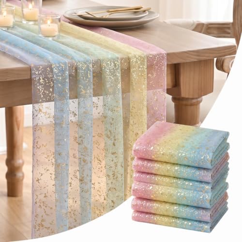 Artoid Mode 6-Pack Gold Gauze Table Runner 120 Inch 10FT, Rainbow Glitter Metallic Foil Sheer Dining Wedding Anniversary Holiday Birthday Table Decor for Home Party