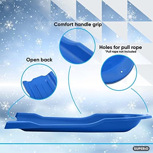 Superio Toboggan Snow Sled for Kids and Adults, 46" Heavy Duty Plastic Open Back Slider with Handles and Hole for Pull Ropes- (Ropes Excluded) Kid and Adult Winter Fun