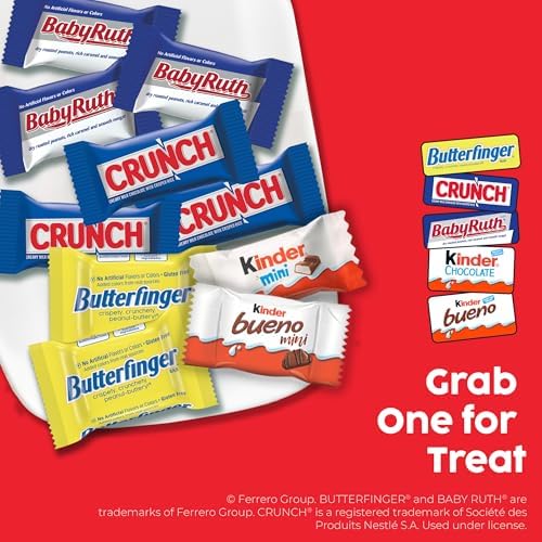 Butterfinger, CRUNCH, Baby Ruth, 100 Grand, Kinder Bueno, Kinder Chocolate, Halloween Candy Fun Size, 130 Minis, 36.9 oz
