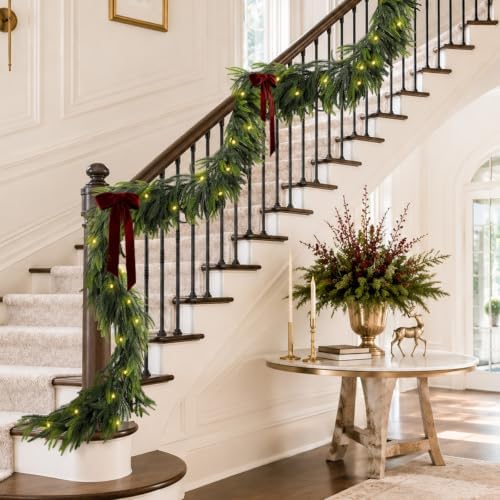N&T NIETING 9FT Christmas Norfolk Pine Pre-Lit Garland with 70 LED Lights Real Touch Prelit Garland Christmas Greenery Garlands for Table Mantle Fireplace Stairs Indoor Outdoor Xmas Decorations