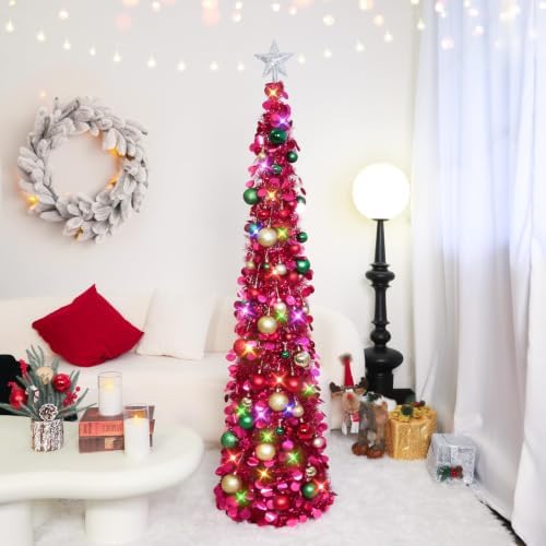 N&T NIETING Pop Up Christmas Tree with Lights & Ornaments, 5FT, Fuchsia