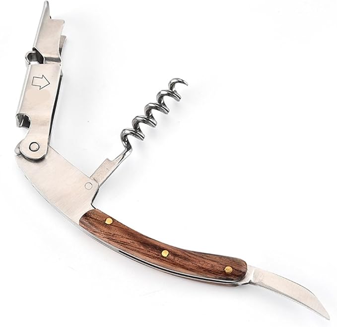 Stainless Steel Red Wine Opener Wood Handle With Leather Professional Multifunction Portable Screw Corkscrew Kitchen Bar Tools(Brown)