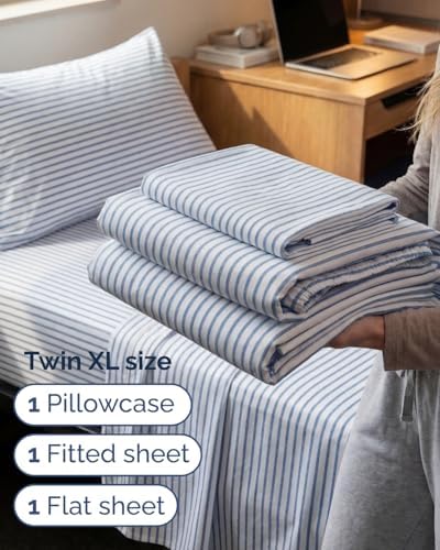 Twin XL Size 3 Piece Sheet Set - Breathable & Cooling Sheets - Blue Stripes
