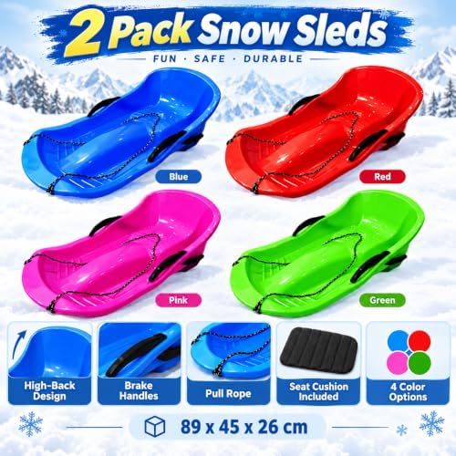 2 Pack Snow Sleds 89 x 45 x 26 cm, Plastic Toboggan Sleds with Brake Handles, Pull Ropes and Seat Cushions, High Back Snow Sled for Winter Outdoor Sliding, Blue Pink Red Green