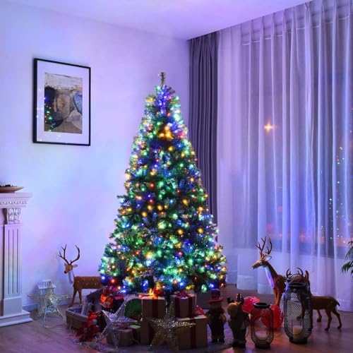 HAPPYGRILL 7FT Pre-lit Artificial Christmas Tree with 500 LED Lights, 1570 PVC Branch Tips and Foldable Base, Premium Spruce Tree Hinged Xmas Tree with 11 Color Modes for Holiday Decor
