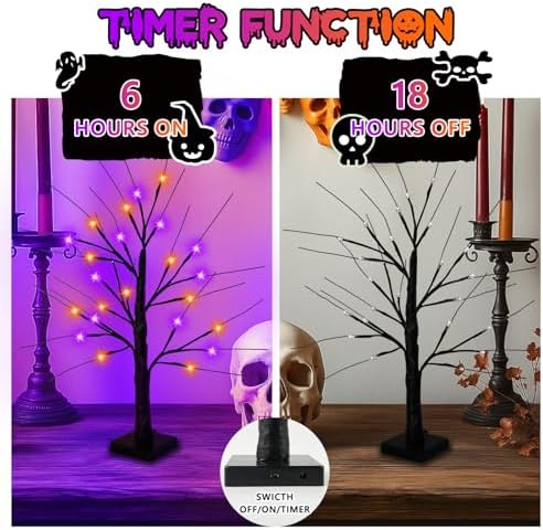 Halloween Decorations Indoor, 2 Pack 2FT Lighted Black Tree with Timer