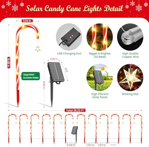 BUCASA 12 Pack Christmas Decorations Outdoor Solar Candy Cane Lights, Solar Christmas Pathway Lights with USB Charge, 10 Modes 72 LEDs Waterproof Outdoor Xmas Decorations for Garden Yard Pathway