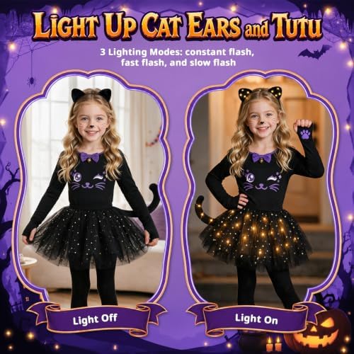 GIFTINBOX Halloween Black Cat Costume for Girls Kids, Light Up Outfit Set