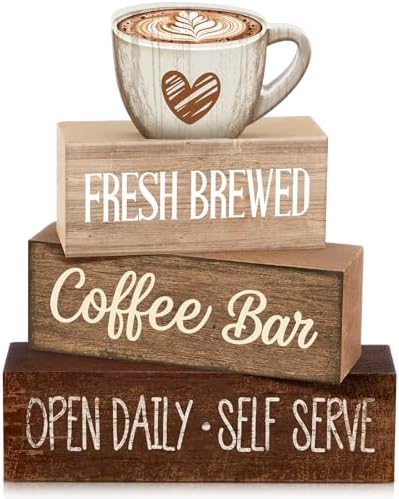 Moucuny 4 Pcs Farmhouse Coffee Bar Signs Decor Wooden Cafe Cup Signs