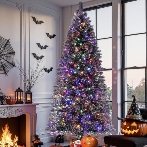 GarveeHome 6 ft Prelit Black Christmas Tree with Lights Halloween Tree Slim Artificial Halloween Christmas Tree Artificial Pencil Tree Automatic Branches for Home, Office, Party Decoration