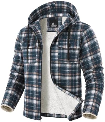 GEEK LIGHTING Men's Flannel Shirts Jacket Sherpa Lined Plaid Zipper Hoodie