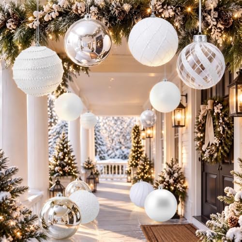 Lyrow 8 Pcs 6'' Large Christmas Ball Ornaments White Silver Xmas Ornaments