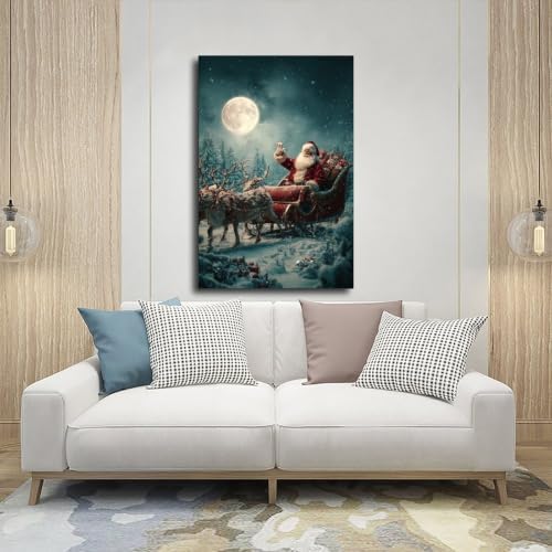 JDBeehpy Santa Claus Sleigh Reindeer Vintage Home Decor Framed 24x36inch