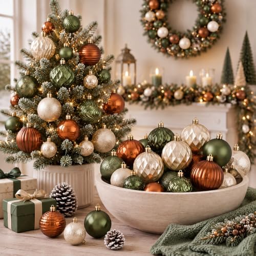Lunmon 64 Pcs Earthy Christmas Ornaments Olive Green Copper Champagne Gold