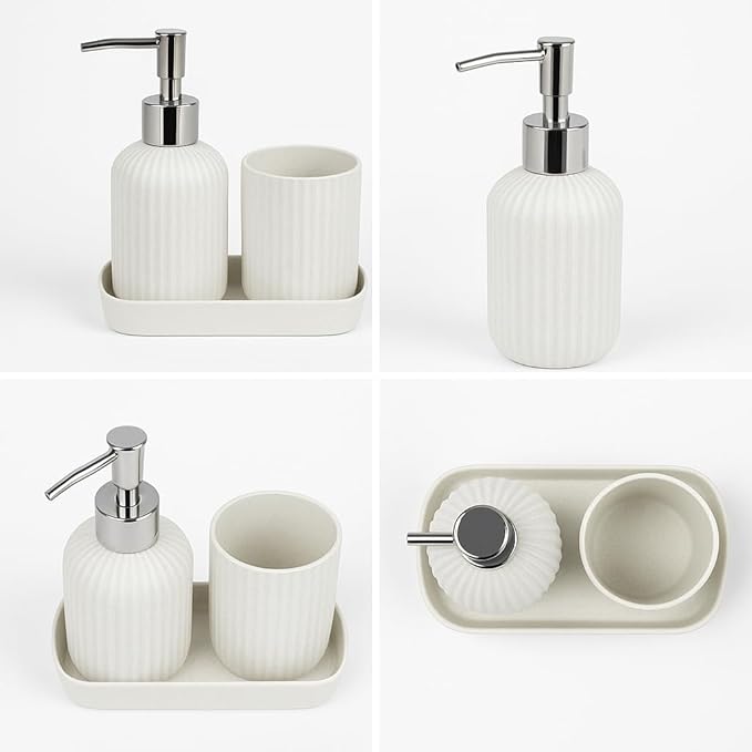 Bigining® Bathroom Accessory Set – 3pc Set Modern White Pump Bottle Plastic Toothbrush with Tray | Liquid Soap Dispenser & Toothbrush Holder Combo for Countertop Tumble