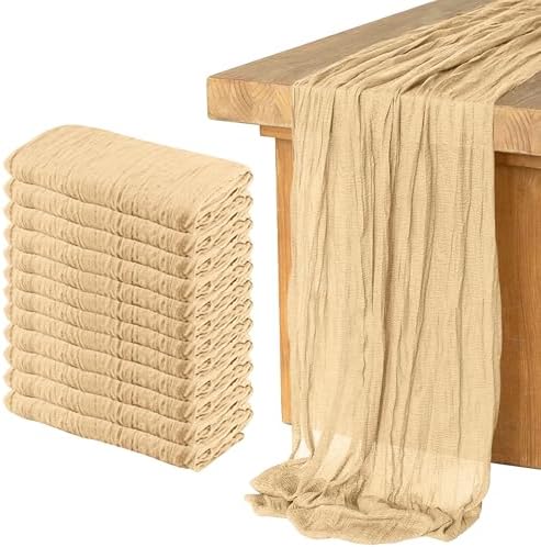 12 Pack Cheesecloth Table Runner, Runner Gauze Boho Wedding Decor Romantic Table Runner for Wedding Birthday Party(35" x 118") (Light Brown)