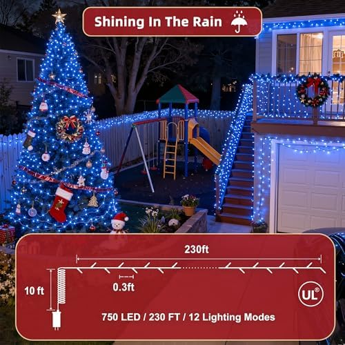 240FT Christmas Lights Outdoor, 750 LED Christmas Tree Decoration Lights with 12 Modes & Timer Memory, Dimmable Plug in Waterproof LED Xmas Light for Yard Trees Wedding Party Holiday Blue