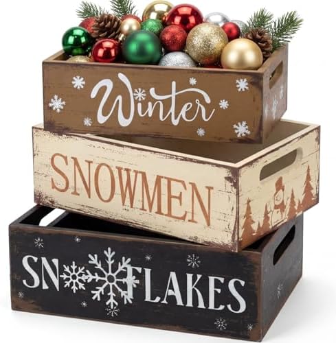 3 Pcs Christmas Wooden Crate Beige Snowman Snowflakes Holiday Box