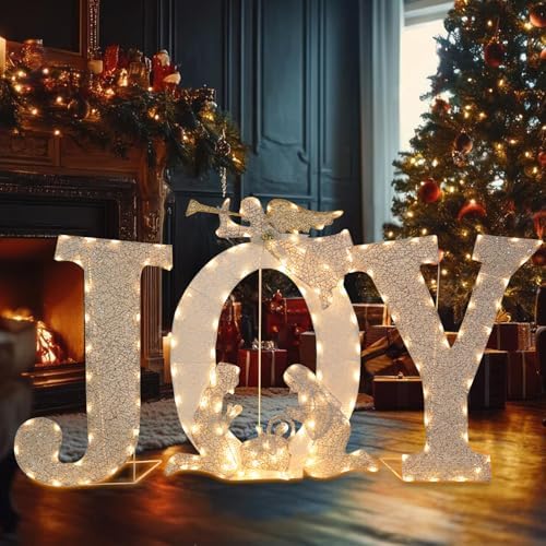 7 FT Lighted Christmas Joy & Nativity, Pre‑Lit Outdoor Yard Decor
