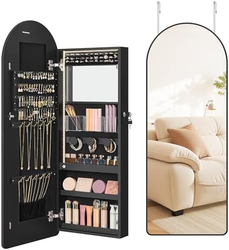 SONGMICS Wide Jewelry Organizer, Wall/Door Mounted, LED Cabinet, Lockable