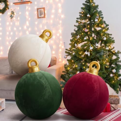 3 Pcs 32 Inch Velvet Christmas Inflatable Balls, Burgundy, Green, Beige