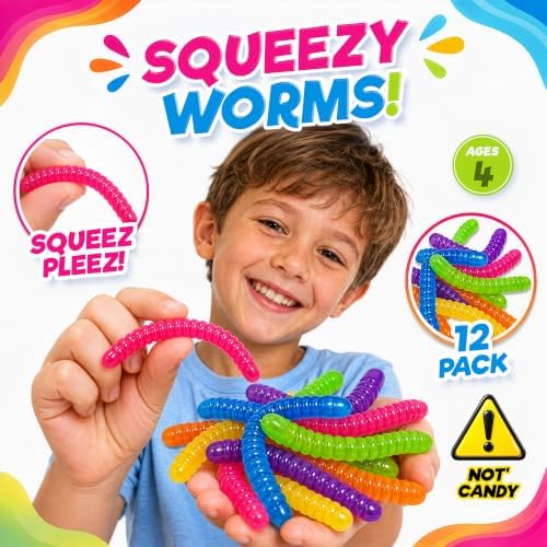JA-RU IRRE-Squish-TIBLE Sqweezy Worms 12-Worms, Stretchy Sensory Toy 6-Pack