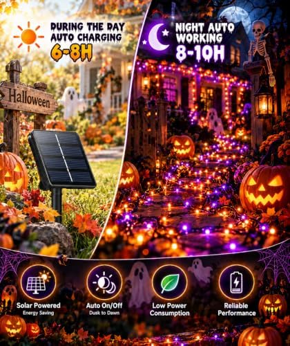OZS Solar Halloween Lights Outdoor, Purple and Orange 2 Pack 240LED