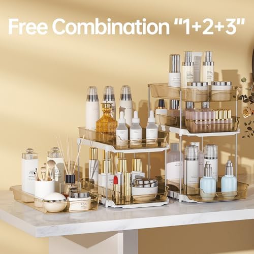Delamu 2 Pack 3-Tier Bathroom Under Sink Organizers and Storage, Multi-Purpose Stackable Pantry Organization and Storage, Pull Out Clear Kitchen Bathroom Cabinet Organizer with Movable Dividers, Amber