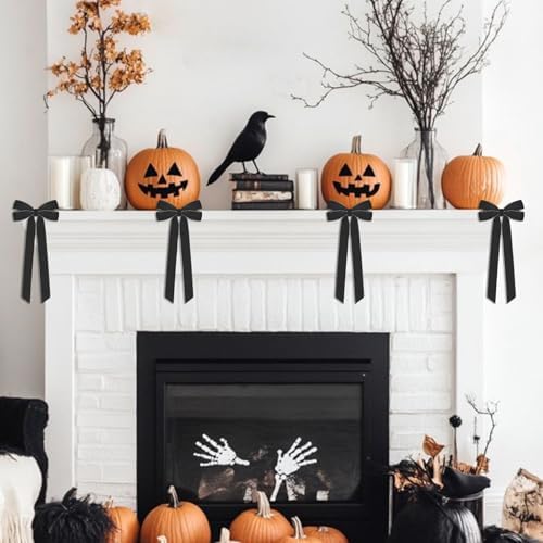 12Pcs Black Velvet Ribbon Bows Halloween Tree Decorations,5in x 10in Christmas Ornaments for Tree Home Party Front Door Wreath Holiday Decor