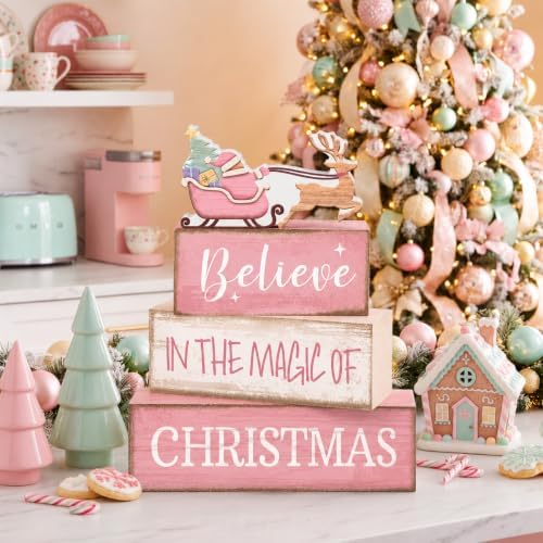 Moucuny 4 Pcs Christmas Table Decoration Pink Santa Sleigh Stacked Wooden Sign Decor Christmas Tiered Tray Decor Decorative Santa Claus Elk Block Sign Gift Farmhouse Xmas Centerpiece for Home Kitchen
