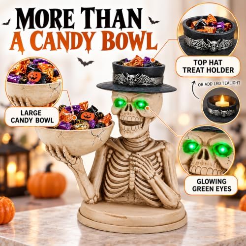 Halloween Skeleton Candy Bowl and Candle Holder with Glowing Eyes