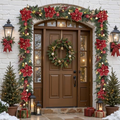 SHareconn 6FT Prelit Christmas Garland with Multi-Color LED Lights, Battery-Operated Timer, Includes Flower Ball & Poinsettia for Table Mantle Fireplace Indoor Outdoor Xmas Decor, Red and Gold, 6 FT