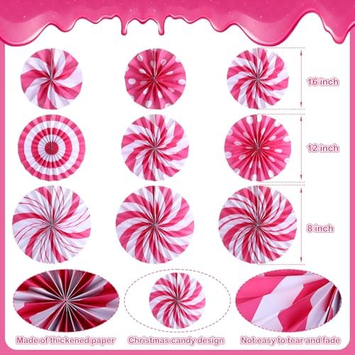 Outus 9 Pcs Christmas Hanging Decorations Peppermint Paper Fans Pink