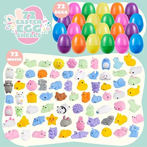 JOYIN 72 Pcs Easter Prefilled Eggs with Mochi Squishy Toys, Kawaii Stress Reliever Squishy Toy for Easter Egg Hunt, Kids Party Favor, Basket Stuffers, Goodie Bag Fillers, Classroom Prize Supplies
