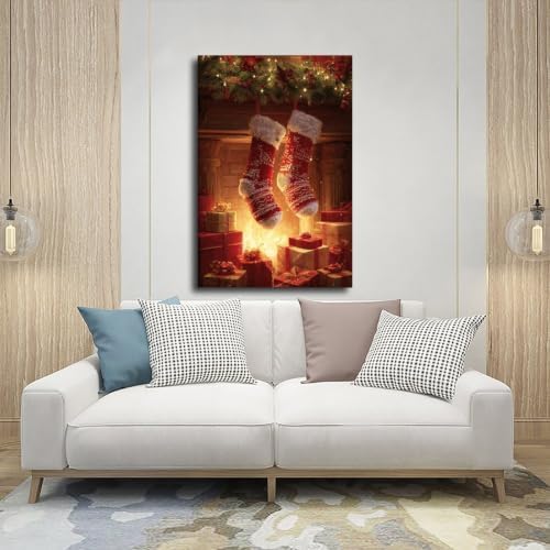 JDBeehpy Christmas Red Knit Stockings Fireplace Wall Art Framed 16x24inch
