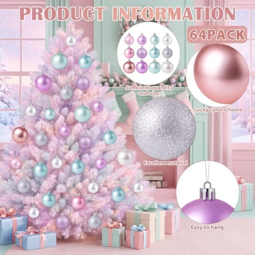 Lunmon 64 Pcs Pastel Christmas Ball Ornaments Candy Macaron Tree Decoration