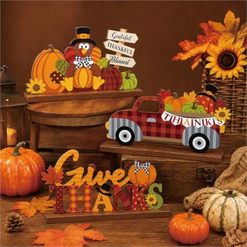 3 Pcs Fall Centerpieces for Tables, Wooden Autumn Fall Decorations for Home