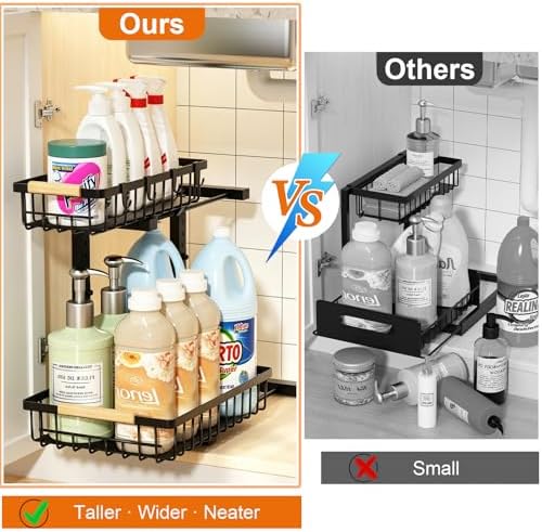 REALINN Under Sink Organizer, 2 Pack Height Adjustable Under Sink Organizers and Storage, 2 Tier Pull Out Drawer Cabinet Storage for Kitchen Bathroom