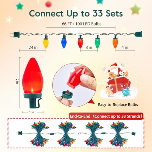 Brightown C9 LED Christmas String Lights, 66ft Multi-Color Outdoor Light String with 100 Smooth Opaque Bulbs, Plug-in Vintage Roofline Lights String for Outside Patio Christmas Holiday Decor