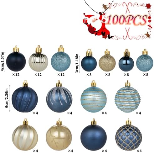 100Pcs Blue Gold Christmas Ornaments Set, Assorted Shatterproof Christmas Ball Ornaments, Christmas Tree Theme Hanging Decoration for Xmas Tree Holiday/Party/Home Decor (Blue & Gold)