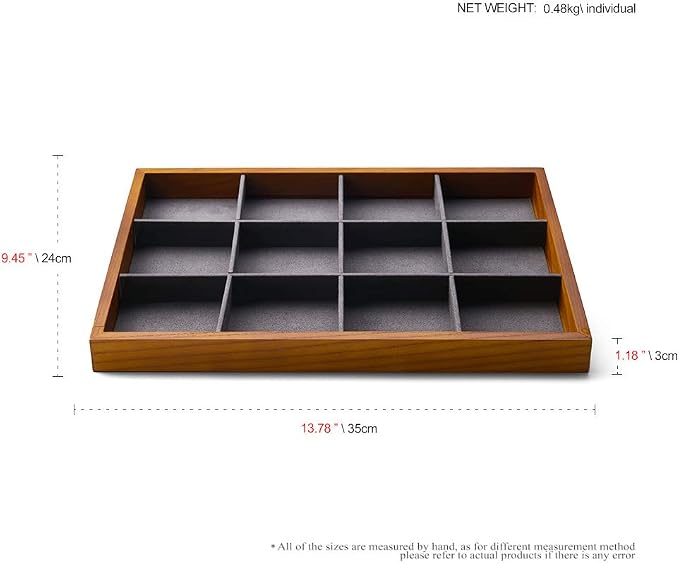 Oirlv 12 Grids Wood Jewelry Organizer Tray Stackable Jewelry Drawer Tray Bracelet/Watch Showcase Display Storage(Grey)